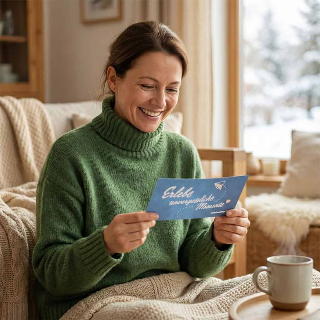 winter-frauen Erlebnisse für Frauen. Eine Frau hat einen Gutschein der Erlebnisfabrik geschenkt bekommen und freut sich sehr darüber.