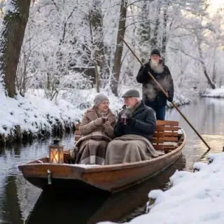 winter-großeltern Erlebnisse für Großeltern. Eine Oma und ein Opa fahren genießen ihren heißen Glühwein bei einer winterlichen Kahnfahrt.