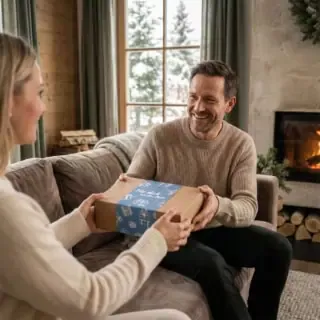 winter-männer Winterliches Geschenk. Erlebnisse für Männer: Ein Mann bekommt von seiner Frau eine Geschenkbox der Erlebnisfabrik überreicht,