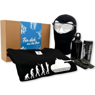 Geschenkbox der Erlebnisfabrik zu Panzer Erlebnissen mit passenden Inhalten und blauer Banderole.