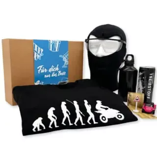 Geschenkbox der Erlebnisfabrik zu Quad Erlebnissen mit blauer Banderole.