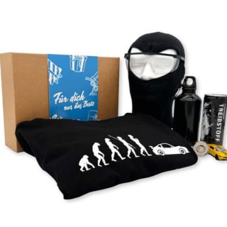 Geschenkbox der Erlebnisfabrik zu Traum- und Sportwagen Erlebnissen mit blauer Banderole.