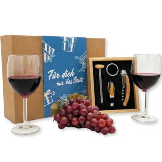 Geschenkbox der Erlebnisfabrik zu Weinerlebnissen mit blauer Banderole