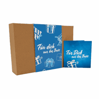 Geschenkbox mit blauer Banderole mit dem Aufdruck: Für dich nur das Beste