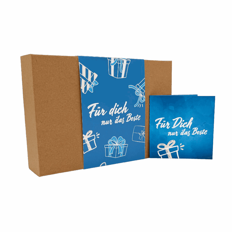 Geschenkbox mit blauer Banderole mit dem Aufdruck: Für dich nur das Beste