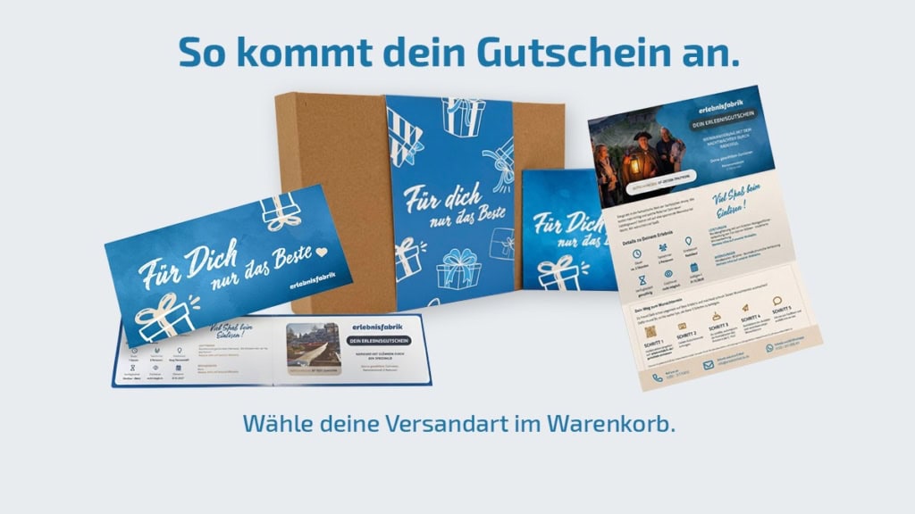 Geschenkbox, Erlebnisgutschein und PDF Gutschein der Erlebnisfabrik.