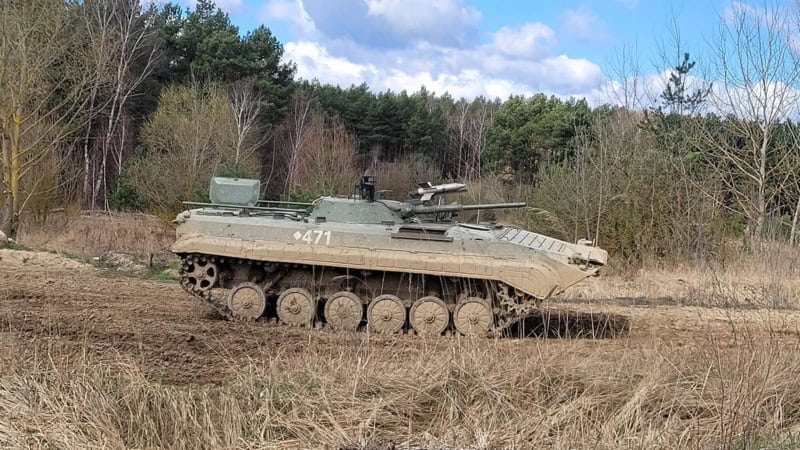 Ein Panzer der auf einer Wiese bei Berlin steht.