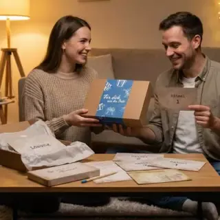 Ein Mann und eine Frau versuchen die Rätsel der Rätselbox zu lösen.