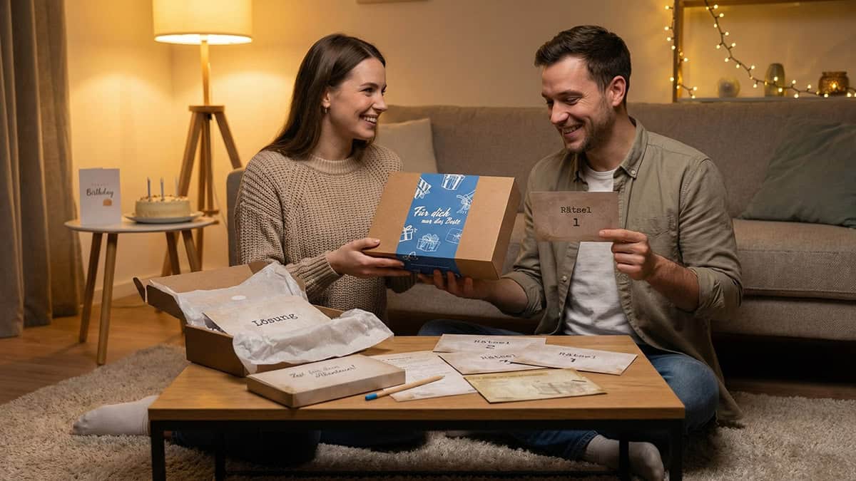 Ein Mann und eine Frau versuchen die Rätsel der Rätselbox zu lösen.
