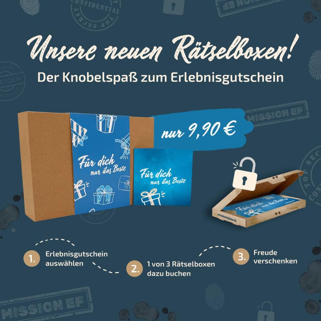 Erklärung wie man einen Gutschein mit blauer Rätselbox verschenkt.