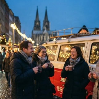 Eine Gruppe VW Bulli Tour Teilnehmer steht vor einem VW Bulli vor dem Weihnachtsmarkt und trinkt Glühwein.