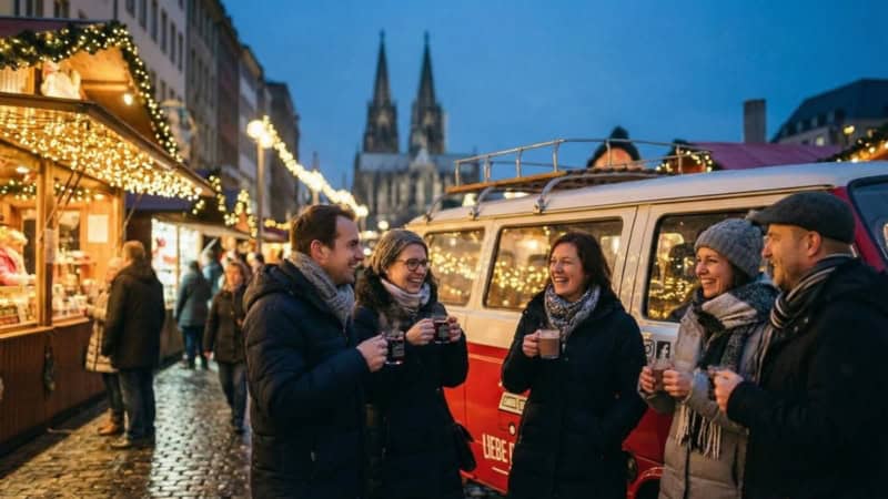 Eine Gruppe VW Bulli Tour Teilnehmer steht vor einem VW Bulli vor dem Weihnachtsmarkt und trinkt Glühwein.
