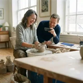 Ein Paar beim Vasen selber herstellen. Die Frau formt eine Vase aus Ton und der Mann Filmt sie dabei.