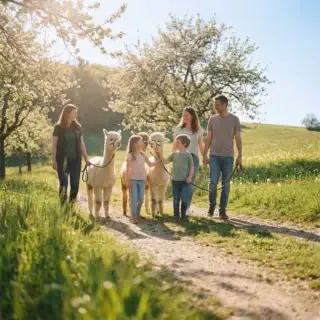 Eine Familie nimmt bei einem sonnigen Tag im Frühling bei einer Alpaka Wanderung teil.