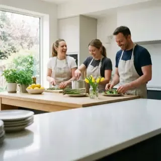 Zwei Frauen und ein Mann bereiten bei einem Kochkurs die Speisen vor. Erlebnisgeschenke für beste Freunde.