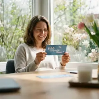 Eine Frau hat einen Erlebnisgutschein überreicht bekommen. - Geschenke für Frauen bei der Erlebnisfabrik.