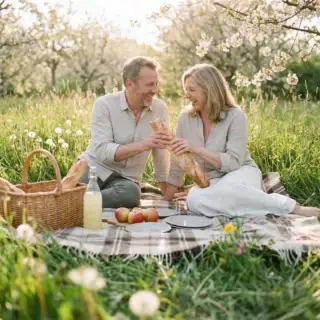 Erlebnisse für Paare im Frühling. Ein Paar unternimmt ein Picknick in der Natur.