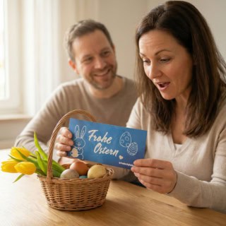 Erlebnisgutschein als Geschenkidee zu Ostern. Ein Mann schenkt seiner Frau einen Erlebnisgutschein der Erlebnisfabrik zu Ostern.