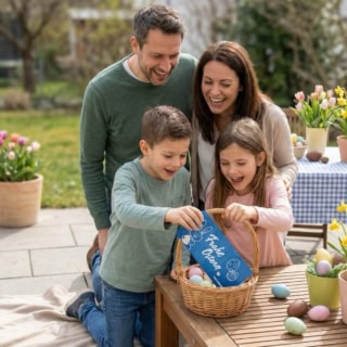 Eine Familie mit zwei Kindern haben zu Ostern ein Korb mit bunten Eiern und einen Erlebnisgutschein von der Erlebnisfabrik erhalten.