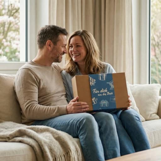 Frühlingshaftes Startseiten Headerbild - mobil der Erlebnisfabrik: Ein Mann und eine Frau halten gemeinsam eine Geschenkbox der Erlebnisfabrik in den Händen.
