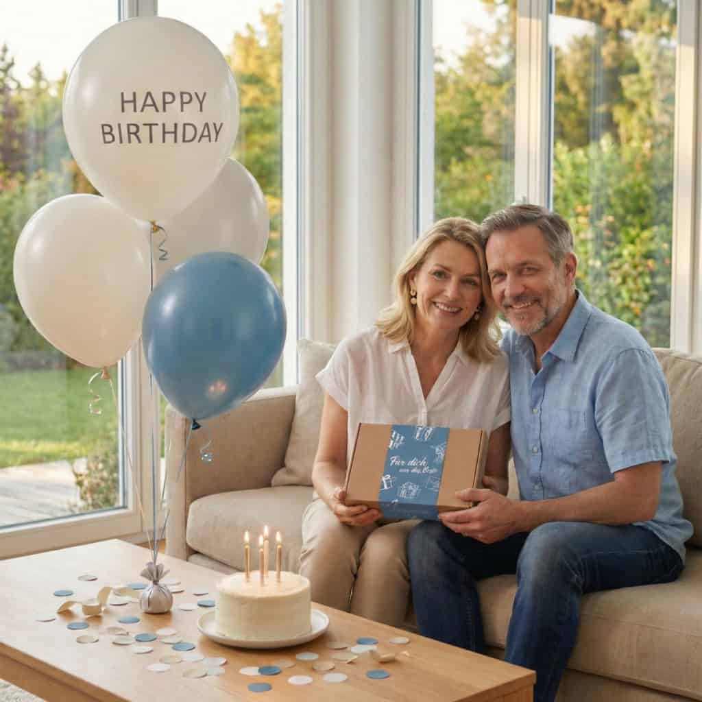 Geb.kategorie Bild Paar feiert Geburtstag in einen Geschmückten Wohnzimmer, sie halten gemeinsam eine Geschenkbox der Erlebnisfabrik in der Hand und freuen sich.