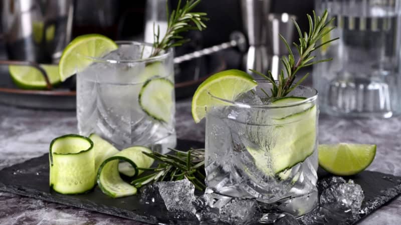 Zwei perfekt vorbereitete Gin Gläser mit Limette, Gurke, Rosmarin und Eiswürfel - Gin Tasting.