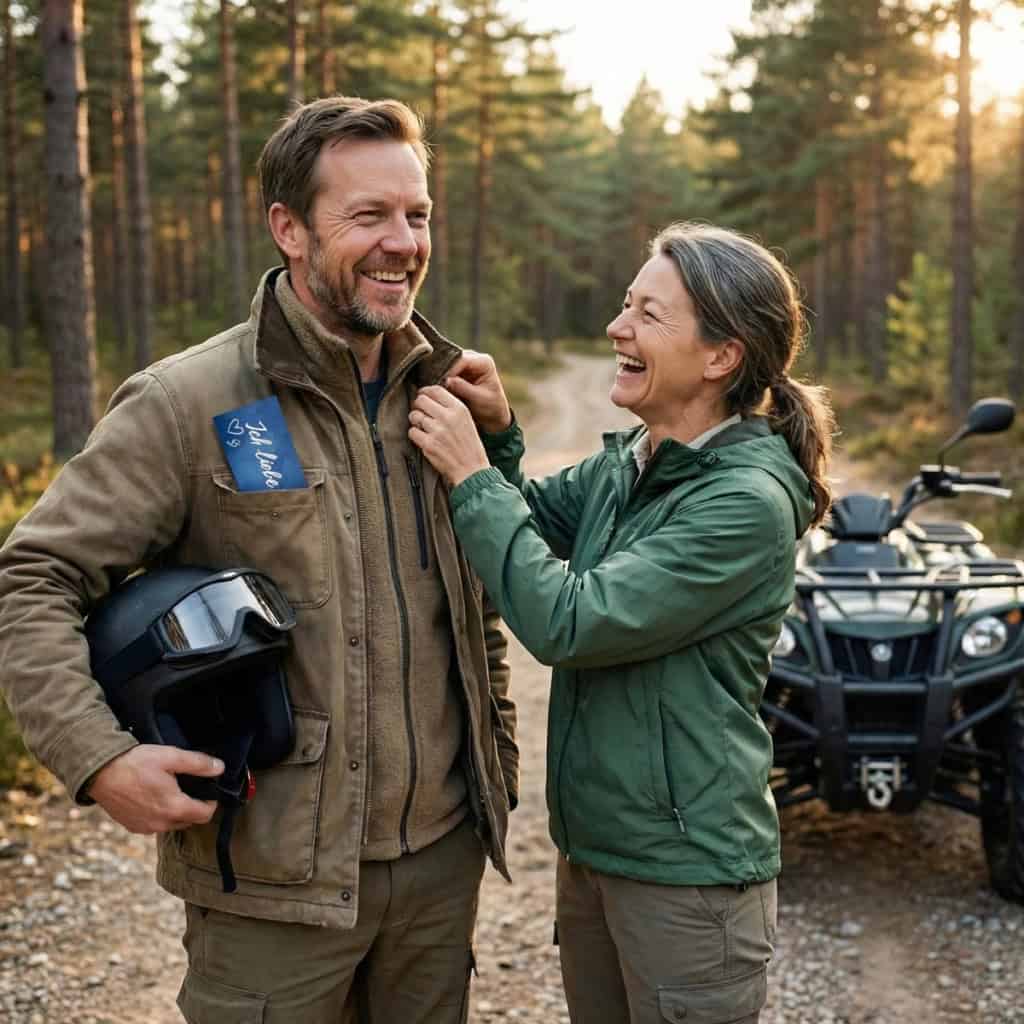 kategorie_valentinstag_mann Ein Mann und eine Frau stehen im Wald, im Hintergrund ein Quad. Der Mann hat einen Gutschein für die Quad Tour in der Brusttasche. Beide freuen sich auf die Fahrt mit den Quads.