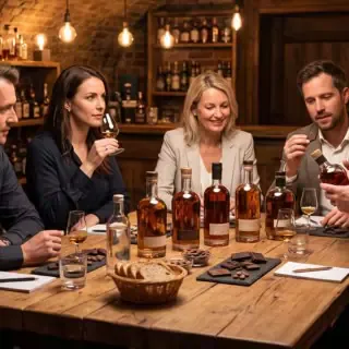 Personen sind beim Rumtasting in Dresden