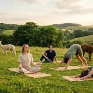 Vier Personen entspannen beim Alpaka Yoga auf einer grünen Wiese bei sonnigem Wetter.