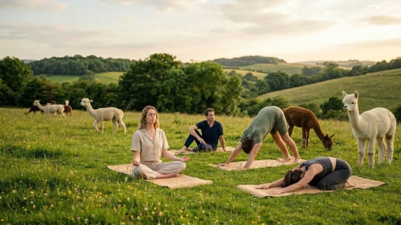 Vier Personen entspannen beim Alpaka Yoga auf einer grünen Wiese bei sonnigem Wetter.
