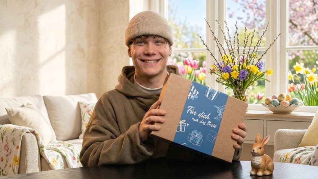 Ein Mann hält voller Freude die Geschenkbox der Erlebnisfabrik, die er zu Ostern geschenkt bekommen hat.