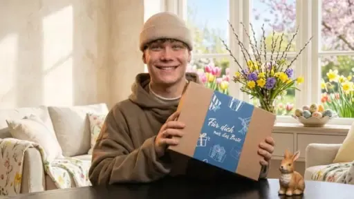 Ein Mann hält voller Freude die Geschenkbox der Erlebnisfabrik, die er zu Ostern geschenkt bekommen hat.
