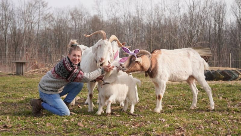 Eine Frau posiert mit vier Ziegen für ein Foto. Zwei der Ziegen tragen aufgesetzte Deko-Ohren.