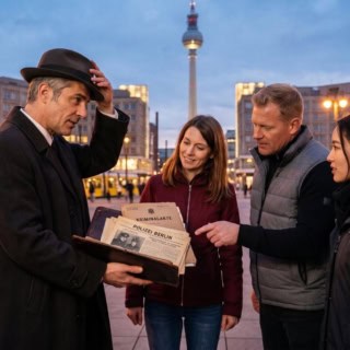 3 Personen stehen auf dem Alexanderplatz und machen eine Kriminaltour durch Berlin.