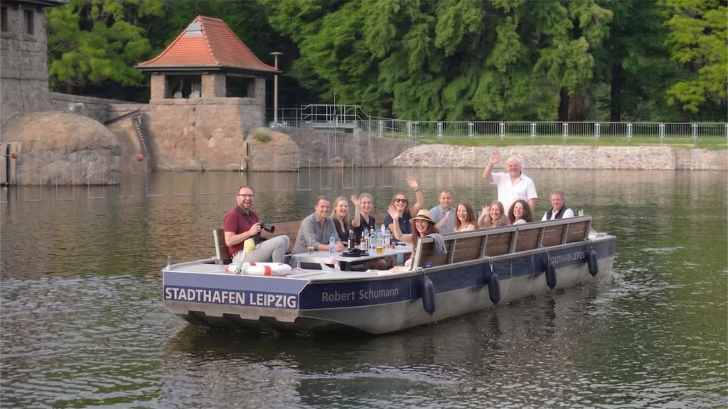 kleinvenedigtour2 Gruppe von Menschen sitzt auf einem Motorboot und winkt in die Kamera