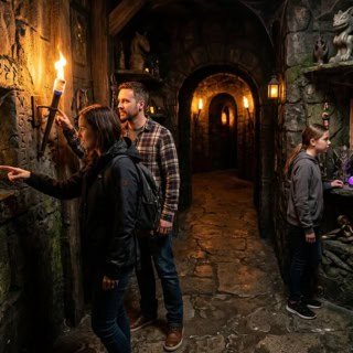 Labyrinthehaus mit Familie in den Gängen