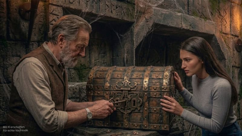 Labyrinthehaus Mann und Frau mit Truhe