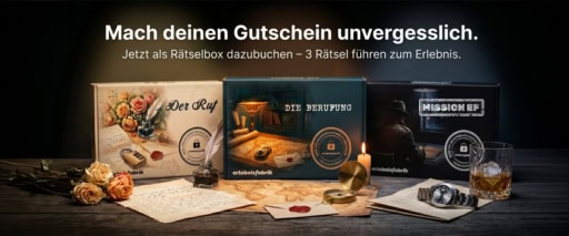 Drei Rätselboxen der Erlebnisfabrik für Erlebnisgutscheine mit drei Rätseln