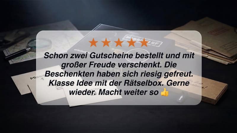 Bewertungsmitteilung zur Rätselbox Mission EF von der Erlebnisfabrik
