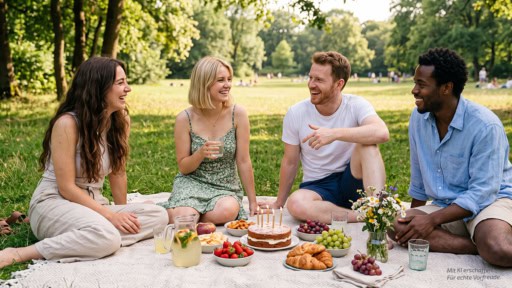 Geburtstagspicknick im Grünen 4 Personen machen ein Geburtstagspicknick mit Kuchen im Grünen