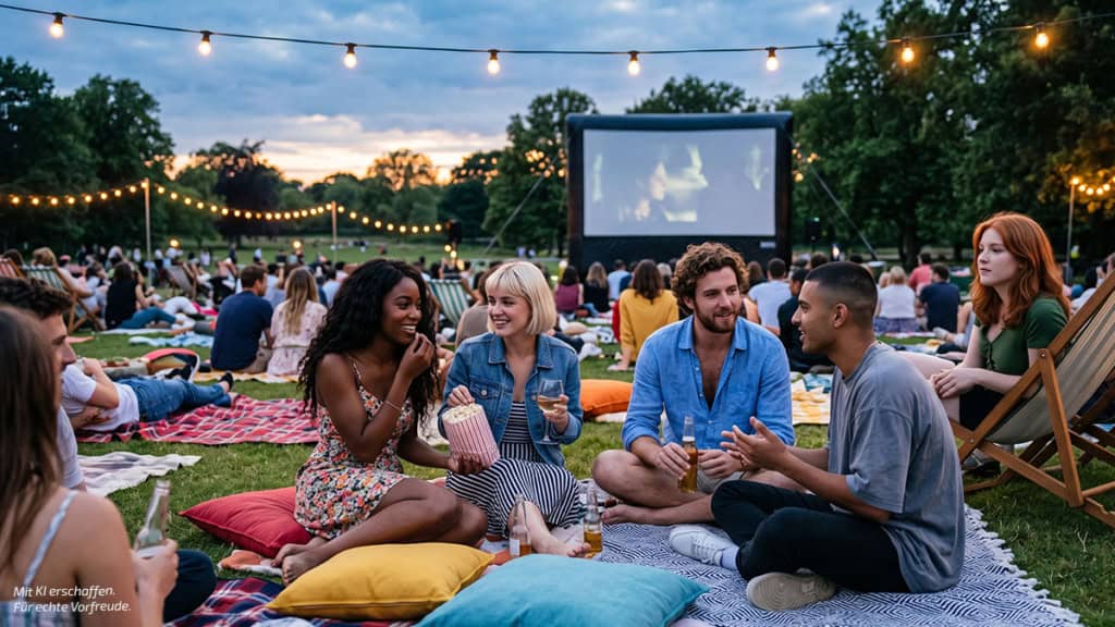 Open-Air Kino Abend 4 Personen machen einen Open-Air Kino Abend