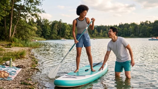 SUP Spaß im Wasserr 2 Personen sind mit einem SUP im Wasser