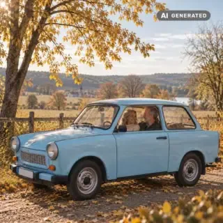 Zwei ältere Personen fahren mit einem blauen Trabbi durch die herbstliche Landschaft.