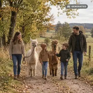 Eine Familie geht mit 2 Alpakas durch die herbstliche Landschaft.