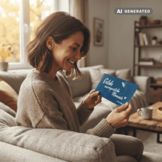 Eine Frau sitzt auf einem grauen Sofa und hält einen Erlebnisgutschein in der Hand.