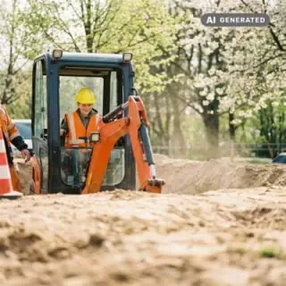 Kind sitzt im Bagger und schaufelt ein Loch.