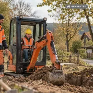 Ein Kind sitzt in einem Bagger und gräbt ein Loch in die Erde.