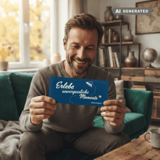 Ein Mann sitzt auf einem grünen Sofa und freut sich über einen Erlebnisgutschein.