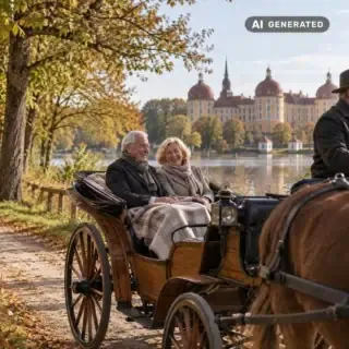 Oma und Opa sitzen in einer Kutsche und fahren an der Moritzburg vorbei.