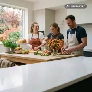 Drei Freunde stehen in der Küche und kochen zusammen und auf dem Tisch liegen Kürbisse.